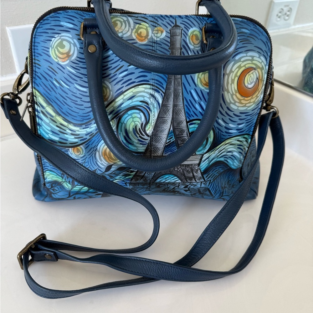 Anuschka Starry Night with Eiffel Tower hand painted leather satchel